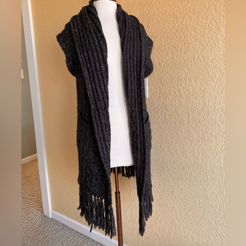 CAbi Knit Fringe Cardigan Sleeveless Sweater - Charcoal Size-M - NWOT